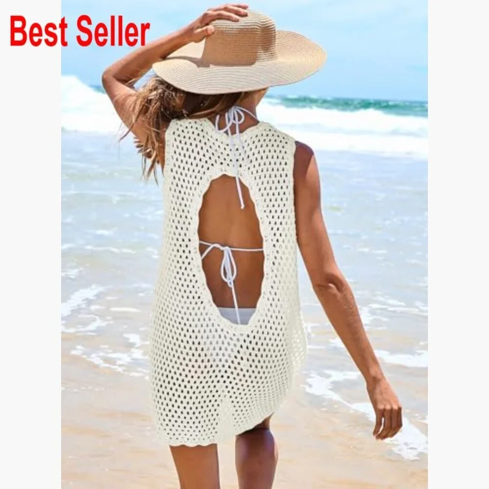 Acrylic Knit Crochet Mini Beach Dress Cover Up Sleeveless
